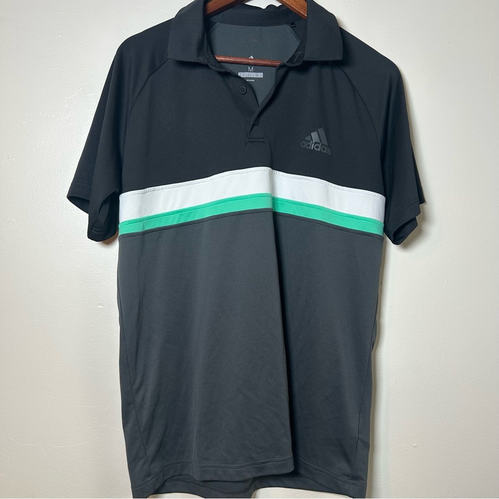EUC Adidas Polo Shirt Climalite Colorblock Size Medium Black Grey Green Stripe